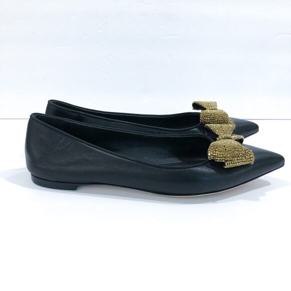 Giuseppe Zanotti Crystal Bow Black Leather Flats Pointed Toe - Picture 4 of 14